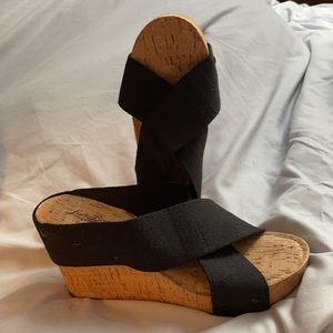 Lucky brand cork wedge sandals black stretchy 9